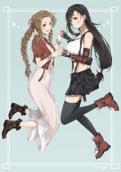 2girls :d aerith_gainsborough artist_name belt belt_buckle black_gloves black_skirt black_thighhighs blue_background boots bow braid braided_ponytail breasts brown_footwear brown_hair buckle collarbone commentary crop_top cropped_jacket curious dress earrings elbow_gloves elbow_pads final_fantasy final_fantasy_vii fingerless_gloves fingernails floating_earring from_side full_body gloves green_eyes hair_bow hair_ribbon highres holding_hands interlocked_fingers jacket long_hair low-tied_long_hair medium_breasts midriff multiple_girls nagon open_mouth parted_bangs pink_bow pink_ribbon red_eyes red_footwear red_jacket ribbon short_sleeves skirt smile suspender_skirt suspenders swept_bangs symbol-only_commentary tank_top teeth thighhighs thighs tifa_lockhart twitter_username upper_teeth_only white_dress white_tank_top zettai_ryouiki