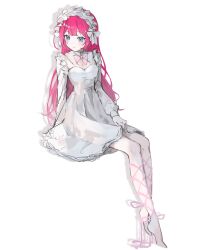 Rule 34 | 1girl, absurdres, blue eyes, breasts, cleavage, closed mouth, dress, frilled hairband, frills, full body, hairband, highres, niaa, original, pink hair, simple background, sitting, sketch, solo, white background, white dress