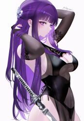 Rule 34 | 1girl, 707arisu, arms up, black dress, breasts, cleavage cutout, closed mouth, clothing cutout, commentary, cowboy shot, dress, elbow gloves, fern (sousou no frieren), gloves, highres, large breasts, long hair, pelvic curtain, purple eyes, purple hair, simple background, solo, sousou no frieren, stomach cutout, straight hair, very long hair