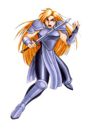 1990s_(style) 1girl adk armor blonde_hair female_focus france game janne_d&#039;arc knight neo_geo official_art retro_artstyle snk solo sword weapon world_heroes
