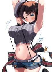 1girl absurdres armpits arms_up black_hair blue_shorts blush breasts cowboy_shot cropped_shirt green_eyes grey_hat grey_shirt hat highres hip_vent hololive kuno_(kc9s) large_breasts looking_at_viewer midriff navel official_alternate_costume one_eye_closed oozora_subaru oozora_subaru_(work) panties panty_peek shirt short_hair short_shorts shorts sign simple_background sleeveless sleeveless_shirt solo standing striped_clothes striped_shirt suspender_shorts suspenders twitter_username underwear vertical-striped_clothes vertical-striped_shirt virtual_youtuber white_background