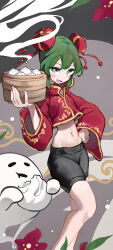 1girl alternate_hairstyle bamboo_steamer steamed_bun black_shorts blush breasts bun_cover chinese_clothes cropped_shirt double_bun fang feet_out_of_frame food ghost green_eyes green_hair hair_bun hand_on_own_hip highres holding holding_food igarashi_futaba long_sleeves midriff mo0o0rae navel open_mouth red_shirt senpai_ga_uzai_kouhai_no_hanashi shirt shorts skin_fang small_breasts solo steam stomach wide_sleeves
