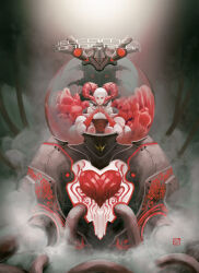 1girl alice&#039;s_adventures_in_wonderland artist_logo bare_shoulders cannon character_design_challenge circling_text closed_mouth cockpit commentary concept_art corset crown curled_horns demon_horns dome elbow_gloves english_commentary english_text flower forward-facing_horns frown glass_dome gloves heart highres horns industrial_pipe lips logo machine machinery mecha mechabare medium_hair melting_heart original ornate outdoors own_hands_together puffy_sleeves queen_of_hearts_(alice_in_wonderland) red_eyes red_gloves red_horns rivenline robot rose steam steampunk straight-on vehicle_focus white_hair