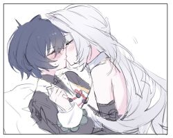 2girls bare_shoulders belle_(delicate_sunlight)_(zenless_zone_zero) belle_(zenless_zone_zero) blue_hair blush closed_mouth feifeian64 highres kiss long_hair multiple_girls short_hair simple_background upper_body white_background white_hair yixuan_(zenless_zone_zero) yuri zenless_zone_zero