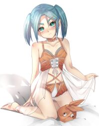 1girl absurdres aqua_hair arms_at_sides babydoll bare_legs bare_shoulders barefoot bed blush breasts closed_mouth collarbone dot_nose embarrassed expressionless female_focus full_body green_eyes hat highres kneeling loli looking_at_viewer medium_hair meemz_a monogatari_(series) navel on_bed ononoki_yotsugi orange_babydoll orange_hat orange_shorts pointy_ears shorts simple_background small_breasts solo thick_eyebrows twintails two-tone_babydoll two-tone_shorts unworn_hat unworn_headwear white_babydoll white_background white_shorts