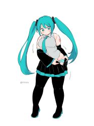 1girl absurdres adjusting_clothes alternate_body_size aqua_eyes aqua_hair aqua_necktie aqua_panties aruru_(rnruru) bare_shoulders black_skirt black_sleeves blush breasts clothes_grab collared_shirt detached_sleeves dressing fat full_body grey_shirt hair_between_eyes hair_ornament hatsune_miku highres long_hair looking_down motion_lines necktie number_tattoo panties shirt shoulder_tattoo simple_background skirt skirt_grab sleeveless solo striped_clothes striped_panties sweatdrop tattoo thick_arms thick_thighs thighhighs thighs twintails twitter_username undersized_clothes underwear v-shaped_eyebrows very_long_hair vocaloid weight_gain white_background