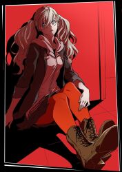1girl blonde_hair blue_eyes boots expressionless jacket long_hair looking_to_the_side pantyhose parted_lips persona persona_5 red_pantyhose saeki_shun skirt solo takamaki_anne twintails