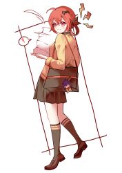 Rule 34 | !, 1girl, :3, absurdres, bag, bag charm, bat hair ornament, black bag, black bow, black skirt, black socks, bow, brown shoes, cardigan, character charm, charm (object), from side, full body, furrowed brow, gabriel dropout, hair bow, hair ornament, hair rings, highres, holding, holding paper, kneehighs, loafers, looking at viewer, medium hair, miniskirt, paper, paper stack, red eyes, red hair, satanichia kurumizawa mcdowell, school uniform, shoes, shoulder bag, shout lines, skirt, socks, solo, speech bubble, spoken exclamation mark, sweat, vignette tsukinose april, walking, white background, yangwu uriel, yellow cardigan