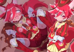 1girl :3 absurdres ahegao animal_ears bike_shorts bodypaint breasts cameltoe chocolate choker cure_chocolat dog_ears dog_tail drooling earrings female_focus gloves hat highres hrgm jewelry kenjou_akira kirakira_precure_a_la_mode lying mini_hat nipples on_back painted_clothes paw_pose peeing peeing_self precure puffy_sleeves red_hair rolling_eyes shorts shorts_under_skirt skirt small_breasts solo sweat tail tongue tongue_out yellow_skirt