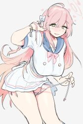 1girl ahoge blue_archive blue_sailor_collar blush bow braid breasts commentary english_commentary green_eyes hair_between_eyes hair_bow halo hanako_(blue_archive) hand_in_own_hair highres large_breasts long_hair looking_at_viewer panties parted_lips pink_hair sailor_collar school_uniform serafuku short_sleeves side-tie_panties side_braid simple_background solo striped_clothes striped_panties tnso underwear untied_panties very_long_hair white_bow