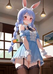 1girl absurdres animal_ears between_legs blue_dress blue_hair blush breasts carrot_hair_ornament center_frills day detached_sleeves dress food-themed_hair_ornament frilled_dress frills from_below frown garter_straps hair_between_eyes hair_ornament hand_between_legs highres hip_focus hololive indoors looking_at_viewer looking_down multicolored_hair orange_eyes rabbit_ears rabbit_girl red_eyes short_dress short_sleeves small_breasts solo standing streaked_hair surprised thighhighs thighs two-tone_hair usada_pekora virtual_youtuber white_clover_(unfy8472) white_hair