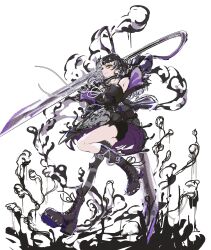 01neeto 1girl absurdres arm_up black_boots black_coat black_dress black_hair black_shorts black_thighhighs boots breasts chain cleavage closed_mouth coat dress fur-trimmed_coat fur_trim grey_hair hashtag-only_commentary highres holding holding_scissors hololive hololive_english large_breasts long_hair multicolored_hair oversized_object purple_coat ribbon scissors shiori_novella shiori_novella_(1st_costume) shorts single_thighhigh solo spiked_boots split-color_hair striped_clothes striped_thighhighs thighhighs two-sided_coat two-sided_fabric two-tone_hair virtual_youtuber white_ribbon yellow_eyes