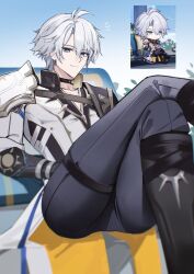 1boy antenna_hair armor black_choker black_pants black_shirt blue_eyes blue_sky choker coat crossed_legs hashtag-only_commentary highres honkai:_star_rail honkai_(series) looking_at_viewer male_focus pants parted_bangs pauldrons phainon_(honkai:_star_rail) photo_inset reference_inset shirt short_hair shoulder_armor single_pauldron sitting sky solo suamk2 thigh_strap white_coat white_hair