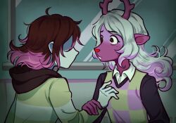 1girl 1other animal_ears antlers blonde_hair buck_teeth colored_skin deer_antlers deer_ears deer_girl deltarune drawthiere freckles furry furry_female highres horns kris_(deltarune) long_hair long_sleeves noelle_holiday noelle_holiday_(dark_world) reindeer_girl teeth two-tone_sweater_vest vessel_(deltarune) weird_route_(deltarune)