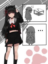 ... 1girl absurdres animal_ear_hairband animal_ears black_choker black_hair black_shirt black_skirt cat_ear_hairband cat_ears chisa_(wuthering_waves) choker closed_mouth commentary fake_animal_ears hair_ribbon hairband hashtag-only_commentary highres looking_at_viewer mole mole_under_eye notice_lines red_eyes red_ribbon ribbon sailor_collar shirt skirt table thigh_strap ubertab white_sailor_collar wuthering_waves