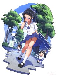 Rule 34 | 1boy, 2others, absurdres, androgynous, bag, black footwear, black hair, blue bow, blue bowtie, blue skirt, blue sky, blunt bangs, blush, borrowed character, bow, bowtie, crossdressing, hadaparuka, hair ribbon, high ponytail, highres, long hair, mary janes, multiple others, open mouth, original, pleated skirt, ponytail, purple eyes, ribbon, sailor collar, school uniform, serafuku, shirt, shoes, short sleeves, skirt, sky, smile, socks, standing, transparent background, trap, white shirt, white socks