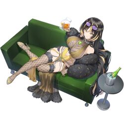 1girl alcohol amadea_wolfa black_hair blonde_hair blonde_streaks champagne_bottle cleavage_cutout closed_mouth clothing_cutout coat couch cup dolphin_wave dress eyewear_on_head fishnet_thighhighs fishnets fur_coat game_cg garter_belt garter_straps high_heels highres holding holding_cup jewelry looking_at_viewer multicolored_hair navel navel_cutout necklace non-web_source official_art on_couch ootomo_takuji see-through_clothes see-through_shirt shirt skindentation smile solo streaked_hair thighhighs transparent_background yellow_dress yellow_eyes
