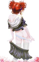 1girl absurdres ass ayklausart black_skirt blue_nails blue_shirt butt_crack clothes_pull commentary contrapposto english_commentary facing_away flower from_behind highres miniskirt nail_polish original panties panty_pull pleated_skirt pointy_ears red_flower red_hair shirt short_hair simple_background single_off_shoulder skirt skirt_pull solo spider_lily thighhighs two_side_up underwear undressing white_background white_panties white_thighhighs