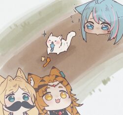 3girls angon623 animal_ears animal_print azura_cecillia biting blonde_hair blue_eyes blue_hair carrying cat facial_hair forehead_jewel green_eyes jewelry layla_alstroemeria multicolored_hair multiple_girls mustache nara_haramaung necklace nijisanji nijisanji_id tail tearing_up tiger_print trembling virtual_youtuber yellow_eyes