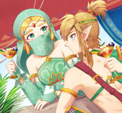 1boy 1girl armlet artist_name bandeau bare_shoulders blonde_hair blue_eyes closed_mouth commentary_request desert_voe_set_(zelda) detached_sleeves drink dutch_angle gerudo_set_(zelda) gloves green_bandeau green_eyes green_gloves green_veil highres holding holding_drink jewelry link mouth_veil nintendo pointy_ears ponytail princess_zelda short_hair short_ponytail sidelocks teraichigo the_legend_of_zelda the_legend_of_zelda:_tears_of_the_kingdom topless_male upper_body veil