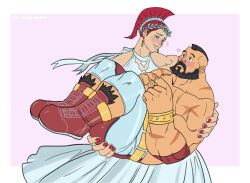 Rule 34 | 1girl, bara, beard, blush, body fur, capcom, carrying, cross-laced footwear, dress, facial hair, fidgeting, full body, heart, hetero, highres, index fingers together, large feet, large hands, laurel crown, marco rodrigues (saikyokugen), marisa (street fighter), mature male, mohawk, muscular, muscular male, princess carry, raised eyebrows, reverse princess carry, scar, scar on arm, shy, street fighter, street fighter 6, topless male, white dress, wide-eyed, wrestling outfit, zangief
