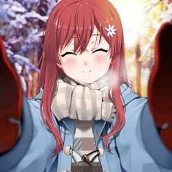 1girl 22/7 ^_^ blue_coat blurry blush breath closed_eyes closed_mouth coat commentary_request crossed_bangs depth_of_field duffel_coat flower gloves hair_flower hair_ornament highres long_hair looking_at_viewer meme nanairo_(nanairo227) outdoors plaid_clothes plaid_scarf portrait pov_cheek_warming_(meme) reaching reaching_towards_viewer red_gloves red_hair sato_reika scarf sidelocks smile solo white_flower winter winter_clothes