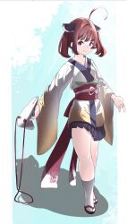 1girl :3 absurdres ahoge brown_hair cosplay doppelganger fox_mask full_body headgear highres holding holding_mask japanese_clothes kimono long_sleeves looking_at_viewer mask medium_hair pillarboxed purple_eyes sandals shadow simple_background socks solo touhoku_kiritan touhoku_kiritan_(cosplay) twintails unworn_mask voiceroid white_kimono white_socks wide_sleeves yuui_(sugi40773767)
