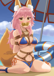 Rule 34 | 1girl, animal ear fluff, animal ears, arms behind back, bdsm, beach, beach umbrella, bikini, blue bikini, blush, bondage, bound, collarbone, fate/grand order, fate (series), fox ears, fox girl, fox tail, gag, gagged, improvised gag, long hair, mukanata, navel, official alternate costume, pink hair, restrained, shibari, sitting, solo, stomach, swimsuit, tail, tamamo (fate), tamamo no mae (swimsuit lancer) (fate), tamamo no mae (swimsuit lancer) (third ascension) (fate), tape, tape gag, tied up (nonsexual), umbrella, wariza, yellow eyes