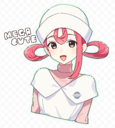 1girl apron black_eyes blush breasts dress fake_transparency grey_eyes hair_rings hat highres joy_(pokemon) long_hair looking_at_viewer nintendo nurse nurse_cap open_mouth oromnt pink_hair pokemon pokemon_legends:_z-a simple_background smile solo upper_body