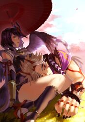 1boy 1girl arataki_itto artist_name bird_mask black_bodysuit black_hair black_nails black_wings body_markings bodypaint bodysuit bracelet breast_curtain breasts closed_eyes closed_mouth coat commentary couple day dutch_angle english_commentary genshin_impact geta grass hetero highres horns japanese_clothes jewelry kujou_sara lap_pillow large_breasts lying_on_person mask mask_on_head nomae.jie obi obiage obijime oil-paper_umbrella oni outdoors red_horns red_mask sash short_hair sky sleeping sleeping_on_person sleeveless sleeveless_coat spiked_bracelet spikes thighs umbrella wings yellow_eyes