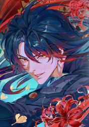 1boy blade_(honkai:_star_rail) blue_hair chinese_clothes commentary earrings flower_request haekchi highres honkai:_star_rail honkai_(series) jewelry long_hair looking_at_viewer male_focus multicolored_hair red_hair smile solo streaked_hair teeth twitter_username