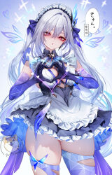 1girl absurdres alternate_costume black_dress breasts commentary cowboy_shot dress enmaided genshin_impact gloves gradient_gloves heart heart-shaped_boob_challenge heart_hands highres large_breasts long_hair looking_at_viewer maid maid_headdress parted_lips pottsness purple_gloves purple_thighhighs red_eyes skirk_(genshin_impact) solo sparkle speech_bubble thick_thighs thighhighs thighs two_side_up watermark watermark_grid white_hair