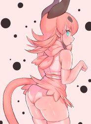 1girl animal_ears ass bare_shoulders blue_eyes caracal_(kemono_friends) elbow_gloves extra_ears eyes_visible_through_hair female_focus flipped_hair from_behind gloves hair_between_eyes high-waist_skirt highres kemono_friends long_hair looking_at_viewer looking_back notora orange_hair outline panties paw_pose pink_panties profile shirt simple_background skindentation skirt sleeveless sleeveless_shirt solo tail thighhighs thighs underwear white_outline white_shirt
