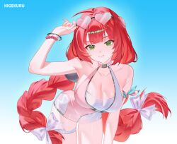 1girl absurdres adjusting_eyewear ahoge bare_shoulders blush bracelet braid breasts cleavage collarbone green_eyes hair_ribbon hand_on_eyewear hanging_breasts heart heart-shaped_eyewear higekuru highres jewelry large_breasts leaning_forward long_braid long_hair looking_at_viewer official_alternate_costume one-piece_swimsuit open_mouth pink_one-piece_swimsuit red_hair ribbon smile smug solo sphere_hair_ornament standing sunglasses swimsuit thigh_strap twintails two-tone_one-piece_swimsuit ukinami_yuzuha ukinami_yuzuha_(tanuki_in_broad_daylight) very_long_hair white_one-piece_swimsuit zenless_zone_zero