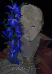 1boy blue_eyes curly_eyebrows facial_hair flower goatee hair_over_one_eye highres lucis0407 male_focus mustache_stubble one_piece sanji_(one_piece) solo stubble