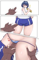 2girls 3koma alternate_costume blue_eyes blue_hair blue_panties blue_shorts blush breasts brown_gloves cleft_of_venus closed_mouth comic cowboy_shot dolphin_shorts eating embarrassed eyebrows eyelashes female_focus female_pov fingering fingering_through_clothes food from_side gloves hand_on_another&#039;s_thigh highres hololive hololive_english large_breasts looking_at_viewer looking_to_the_side lower_body matching_hair/eyes medium_hair multiple_girls nanashi_mumei ouro_kronii panties pov pov_hands qone sandwich sequential sex shirt shorts shorts_around_one_leg side-tie_panties silent_comic simple_background sleeveless sleeveless_shirt thighs through_clothes underwear undressing upper_body virtual_youtuber wavy_mouth white_background white_shirt yuri