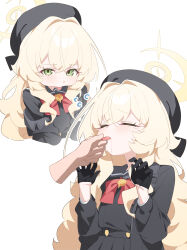 1girl 1other absurdres beret black_gloves black_shirt blonde_hair blue_archive blush commentary gloves green_eyes halo hat highres honi_(honi1010) jacket long_hair multiple_views open_mouth professor_niyaniya_(blue_archive) sailor_collar shirt simple_background symbol-only_commentary very_long_hair white_background