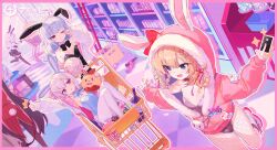5girls animal_ear_hood animal_ears azur_lane black_bow black_bowtie black_hair black_leotard blonde_hair blue_bow blue_bowtie blue_eyes blue_leotard boots bottle bow bowtie braid braided_hair_rings candy character_request chewing_gum cola copyright_name credit_card double_bun dutch_angle fake_animal_ears fake_tail fishnet_pantyhose fishnets food full_body fur-trimmed_hoodie fur_trim gumball gumball_machine hair_bun hair_rings highres holding holding_candy holding_food holding_lollipop hood hoodie in_shopping_cart indoors jacket laffey_(azur_lane) laffey_ii_(azur_lane) laffey_ii_(sleepy_on_a_busy_day)_(azur_lane) leotard lollipop long_sleeves looking_at_another manjuu_(azur_lane) multiple_girls nicholas_(azur_lane) official_alternate_costume official_art one_eye_closed open_clothes open_jacket open_mouth pantyhose pink_hoodie playboy_bunny rabbit_ears rabbit_tail red_eyes rubbing_eyes shimakaze_(azur_lane) shimakaze_(world&#039;s_speediest_bunny_waitress)_(azur_lane) shnva shopping_cart snack soda_bottle standing standing_on_one_leg stephen_potter_(azur_lane) stephen_potter_(chillaxation_station)_(azur_lane) tail tailcoat thumbs_up twintails white_footwear white_pantyhose wine_bottle yamakaze_(azur_lane) yamakaze_(now_for_a_magic_trick!)_(azur_lane)
