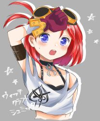 1girl absurdres arm_up black_choker blue_eyes blush breasts choker crop_top duel_monster gloves goggles goggles_on_head grey_background hand_on_own_head highres medium_breasts open_mouth red_gloves red_hair shirt short_hair simple_background solo sweat ukyou_kuro upper_body white_shirt witchcrafter_schmietta yu-gi-oh!