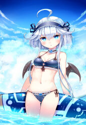 Rule 34 | 1girl, ahoge, ajitarou (setsu), blue sky, breasts, demon wings, emil chronicle online, frilled hairband, frills, hairband, highres, looking at viewer, medium breasts, mitama aria, sky, soaking feet, surfboard, swimsuit, variant set, wings