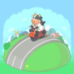 amour_(cloudtrumpets) animated animated_gif barn bell blue_sky bush cow day face_piercing grass mario_(series) mario_kart mario_kart_world moo_moo_(mario) motor_vehicle motorcycle nintendo no_humans nose_piercing nose_ring outdoors piercing pixel_art rally_bike_(mario_kart_world) sky smile solo windmill