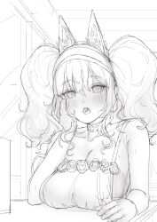 1girl :o absurdres alternate_breast_size_(larger) angelina_(arknights) animal_ears arknights bare_shoulders breast_rest breasts cleavage commentary dot_nose english_commentary fourtwelve fox_ears fox_girl greyscale hairband highres indoors large_breasts long_hair looking_at_viewer monochrome nightgown open_mouth ringed_eyes sideboob sketch solo spaghetti_strap striped_clothes striped_hairband teeth twintails upper_body upper_teeth_only