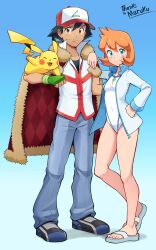 1boy 1girl absurdres aged_up argyle ash_ketchum black_hair blue_background brown_eyes cape closed_mouth commentary commission denim english_text eyelashes flip-flops flipped_hair full_body fur-trimmed_cape fur_trim gen_1_pokemon gradient_background green_eyes hand_on_own_hip hat highres in-franchise_crossover jacket knees long_sleeves looking_at_viewer misty_(pokemon) mr.thunderigor nintendo one-piece_swimsuit open_clothes open_jacket orange_hair pants pikachu pokemon pokemon_(anime) pokemon_hgss red_cape sandals shoes smile standing swimsuit thank_you white_jacket white_one-piece_swimsuit