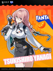 1girl belt black_belt black_gloves black_skirt can character_name collared_shirt earrings fanta floating_hair glasses gloves highres holding holding_can jewelry long_hair long_sleeves looking_at_viewer official_art orange_background parted_lips pink_hair red_eyes shirt shirt_tucked_in simple_background skirt smile solo tsukishiro_yanagi white_shirt zenless_zone_zero