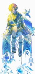 Rule 34 | 1boy, absurdres, bird, bird on lap, bishounen, cape, closed mouth, color contrast, dfish2 0, foot dangle, full body, genshin impact, glint, half-closed eyes, hat, highres, invisible chair, male focus, no headwear, scaramouche (genshin impact), short hair, sidelighting, simple background, sitting, solo, toeless footwear, unworn headwear, wanderer (genshin impact), white background