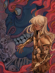 2boys ameliecausse androgynous animal_nose armor blonde_hair blue_skin buddhism clenched_teeth closed_eyes colored_skin demon fiery_hair fire from_side gold_armor gold_cloth gold_saint hands_up highres long_hair male_focus mara_(buddhism) multiple_boys parted_lips profile saint_seiya skeleton solo_focus teeth third_eye u_u virgo_shaka yellow_eyes