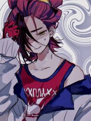 1boy black_hair gloves hair_between_eyes hair_over_one_eye jacket kieran_(pokemon) long_sleeves looking_at_viewer male_focus mimika6534 mole mole_on_neck multicolored_hair nintendo off_shoulder parted_lips pokemon pokemon_sv purple_hair red_gloves red_tank_top shaded_face simple_background solo sweat tank_top upper_body white_jacket yellow_eyes