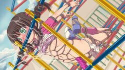 1girl bdsm bondage bound brown_hair bukkake censored clothes_lift crying crying_with_eyes_open cum cum_on_body dildo drooling dutch_angle exhibitionism female_focus full_body green_eyes highres jungle_gym kogakunama loli long_hair mosaic_censoring object_insertion original outdoors panties panties_around_leg public_indecency pussy_juice rape restrained rope sex_toy shibari shirt shirt_lift solo spiked_dildo stationary_restraints tears twintails underwear vaginal vaginal_object_insertion white_panties