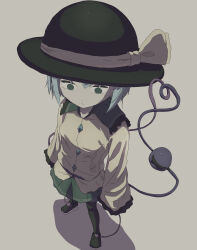 absurdres black_hat blouse bow buttons commentary diamond_button eyeball frilled_shirt_collar frilled_sleeves frills green_eyes green_hair green_skirt hat hat_bow hat_ribbon highres komeiji_koishi long_sleeves pantyhose ribbon shirt short_hair skirt third_eye touhou uzou_(uzooooooooo) yellow_ribbon yellow_shirt