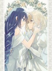 2girls blonde_hair blue_eyes bridal_veil brown_eyes closed_mouth dress eye_contact flower flower_request gloves holding holding_flower juliet_sleeves long_hair long_sleeves looking_at_another momoiro multiple_girls off-shoulder_dress off_shoulder oumi_shiori parted_lips puffy_sleeves purple_hair short_hair smile veil watashi_wo_tabetai_hitodenashi wedding_dress white_dress white_gloves wife_and_wife yaotose_hinako yellow_flower yuri
